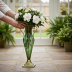 Green European Glass Flower Vase with Two Gold Metal Handle