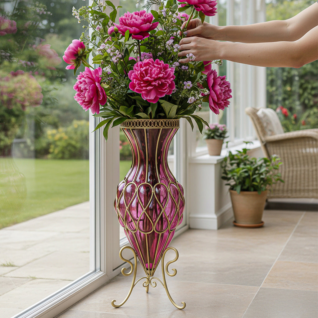 67cm Purple Glass Floor Vase with Metal Stand