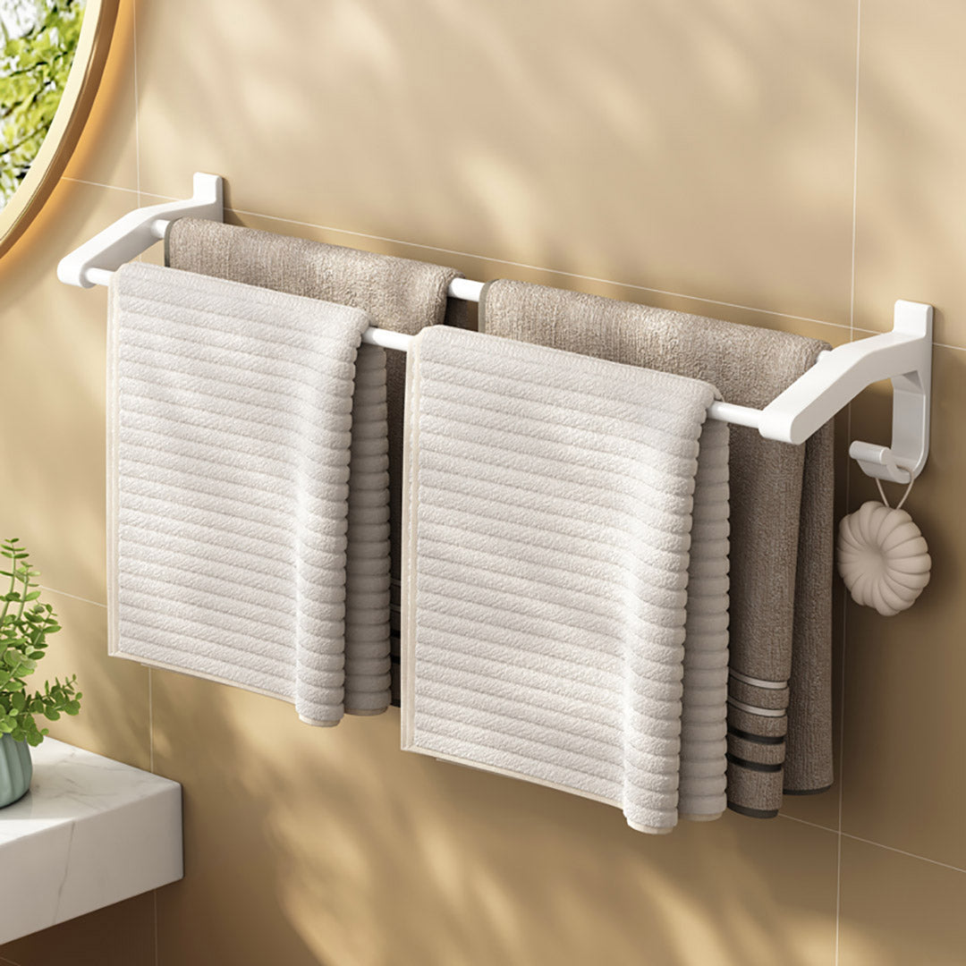 52cm White Wall-Mounted Double Pole Towel Holder with Hooks