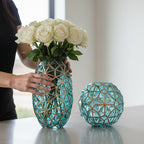 Green Diamond Cut Glass Flower Vase with Gold Accent