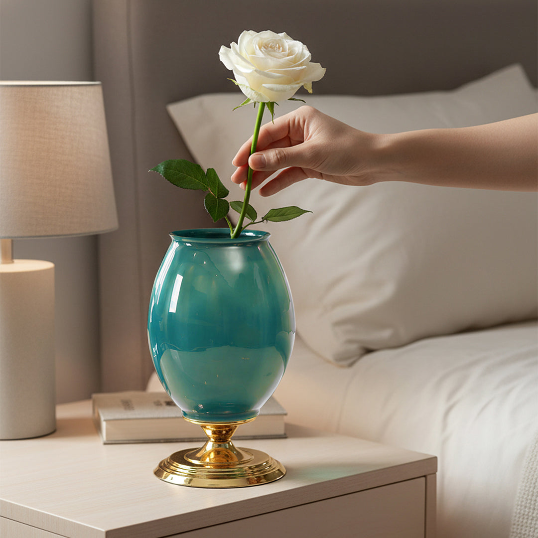 40cm Ceramic Vase with Gold Metal Base Green