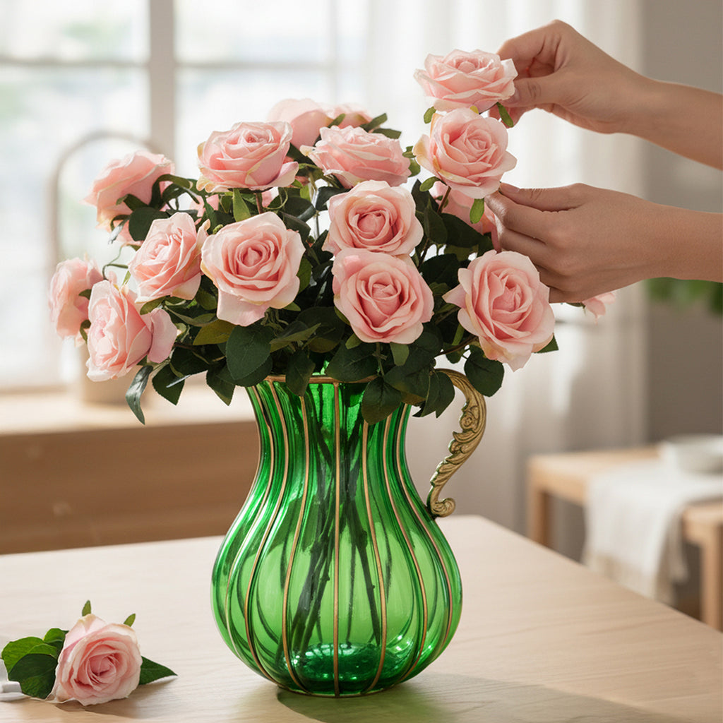 Green Glass Flower Vase with 4 Bunch 9 Heads Artificial Silk Rose Set