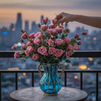 Blue Glass Flower Vase with 10 Bunch 6 Heads Artificial Silk Rose Set