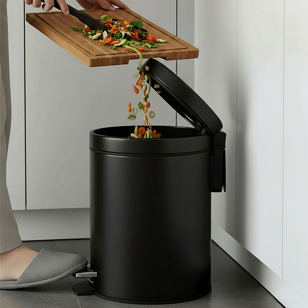 Foot Pedal Stainless Steel Trash Bin Round 12L Black