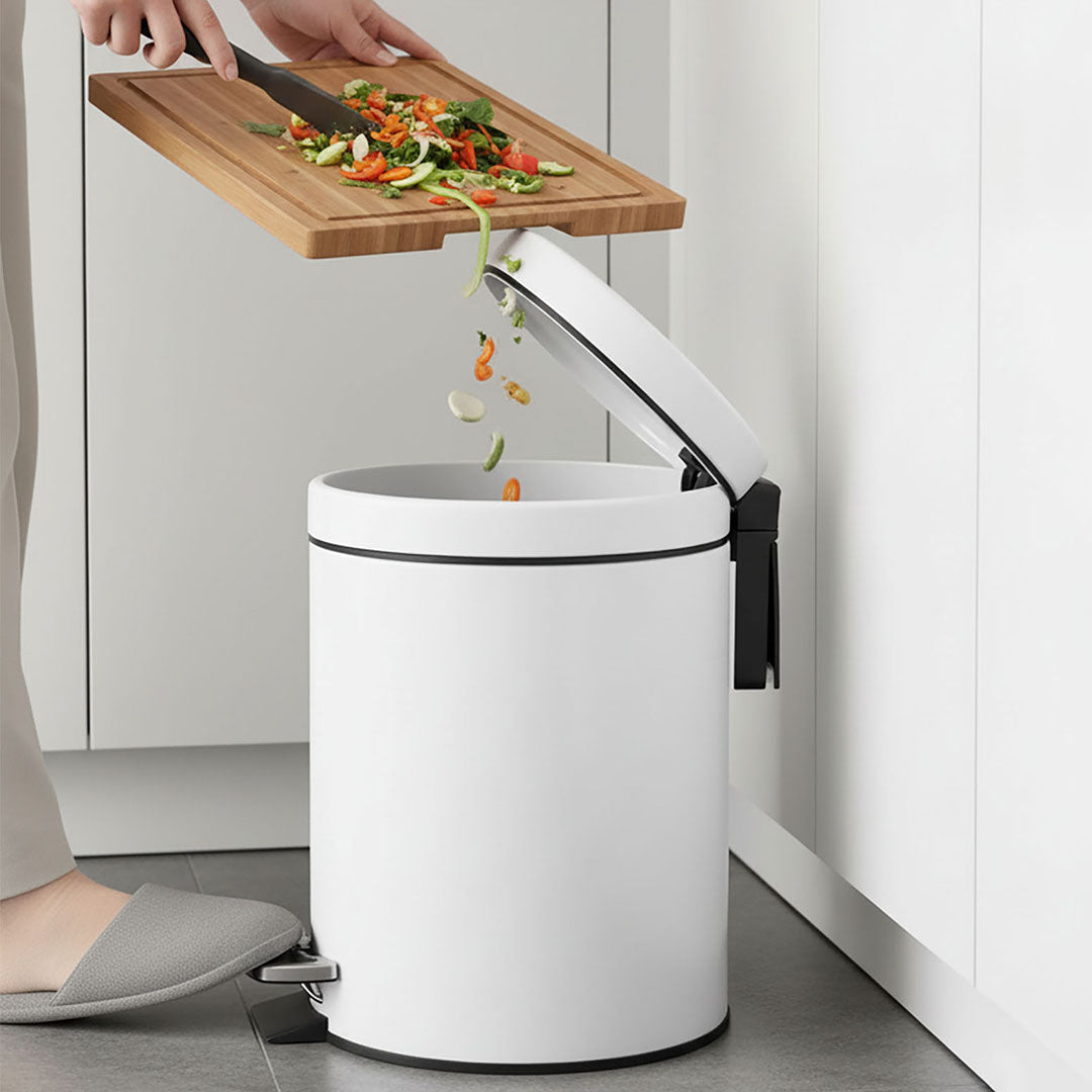 Foot Pedal Stainless Steel Trash Bin Round 12L White