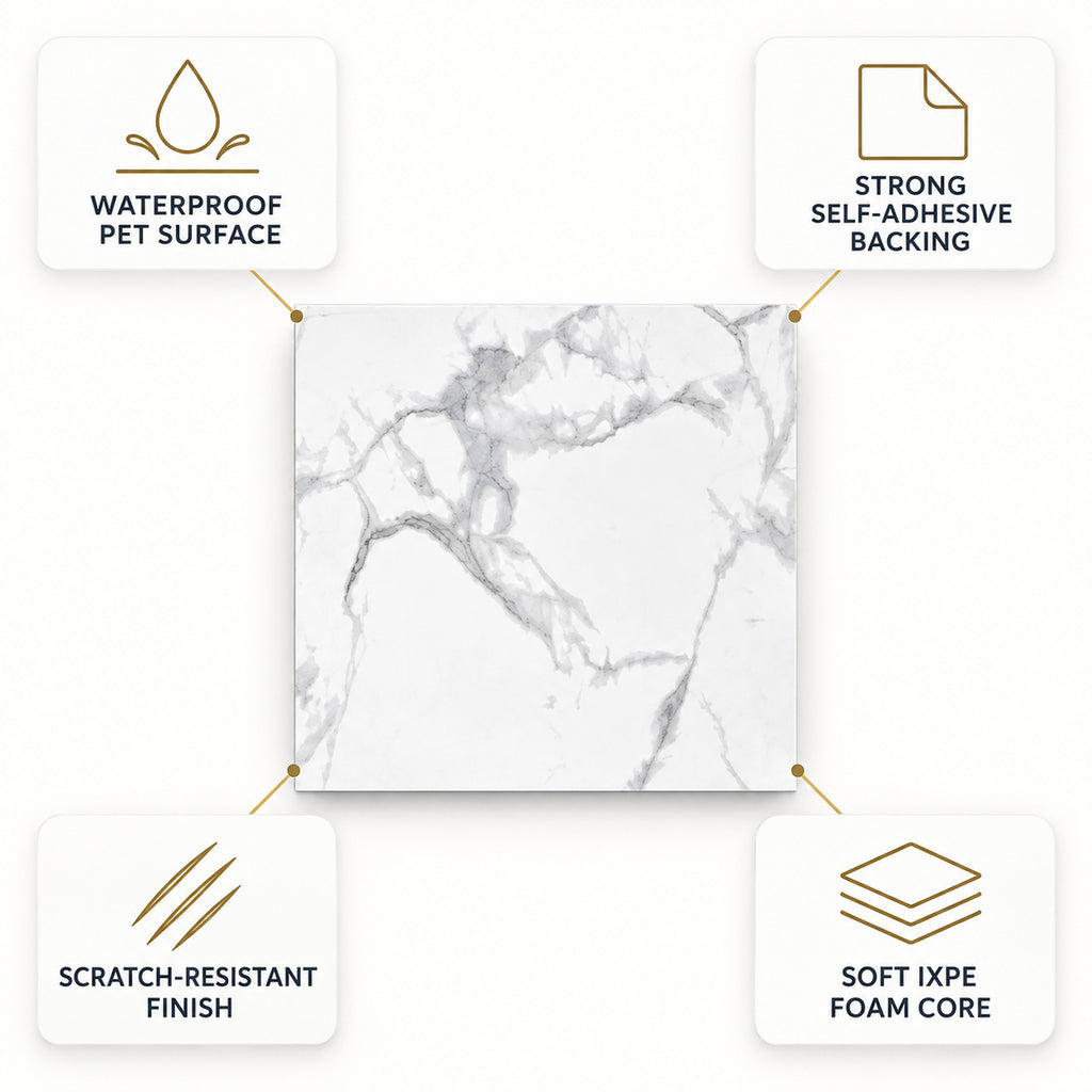 SOGA Peel & Stick Floor and Wall Tiles 60 x 60cm 10 Pack White Grey Faux Marble