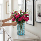 Blue Glass Cylinder Flower Vase with 8 Bunch 5 Heads Artificial Silk Rose Set