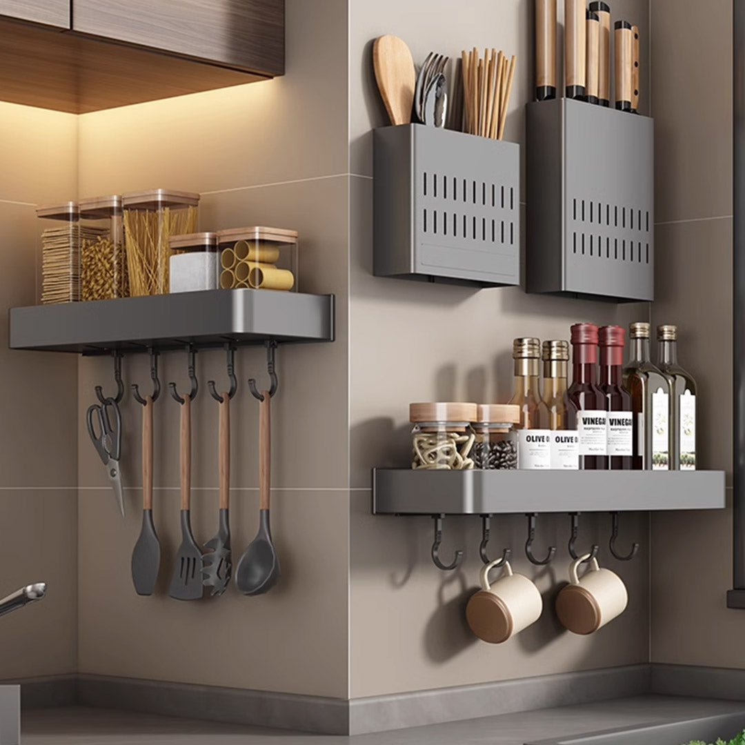 40cm Black Rectangular Kitchen Spice Storage  with Hooks