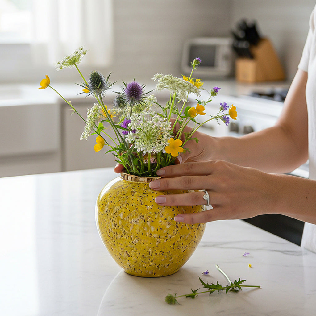 SOGA 21x22cm Yellow with White Mini Floral Small Ceramic Flower Vase Elegant Living Room Home Decor