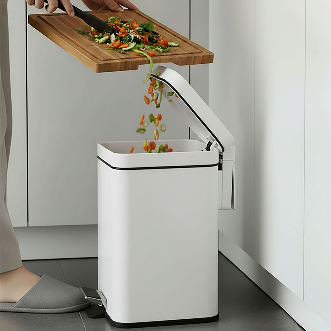 Foot Pedal Stainless Steel Trash Bin Square 12L White