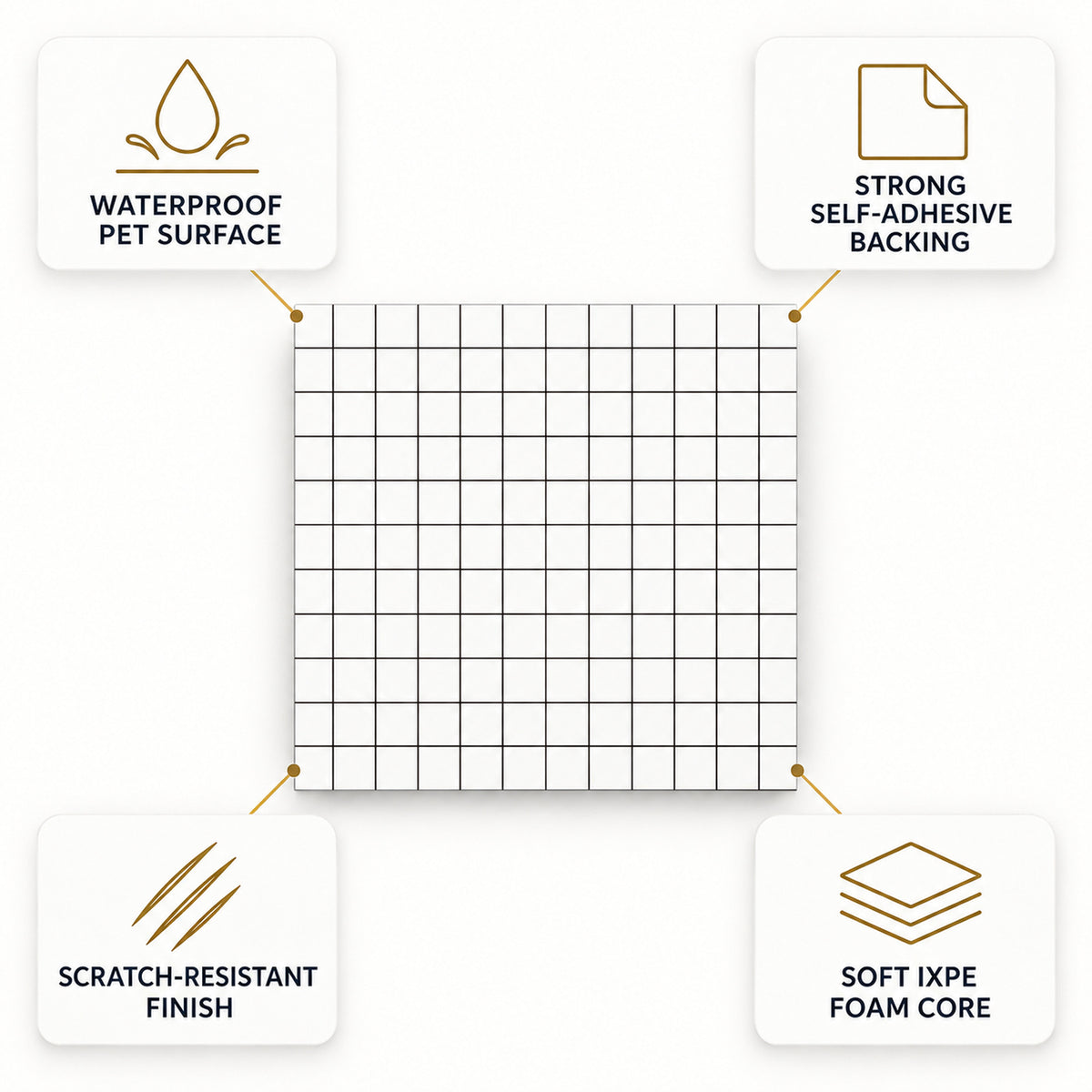 SOGA Peel & Stick Floor and Wall Tiles 60 x 60cm 10 Pack White Grid Tile Look