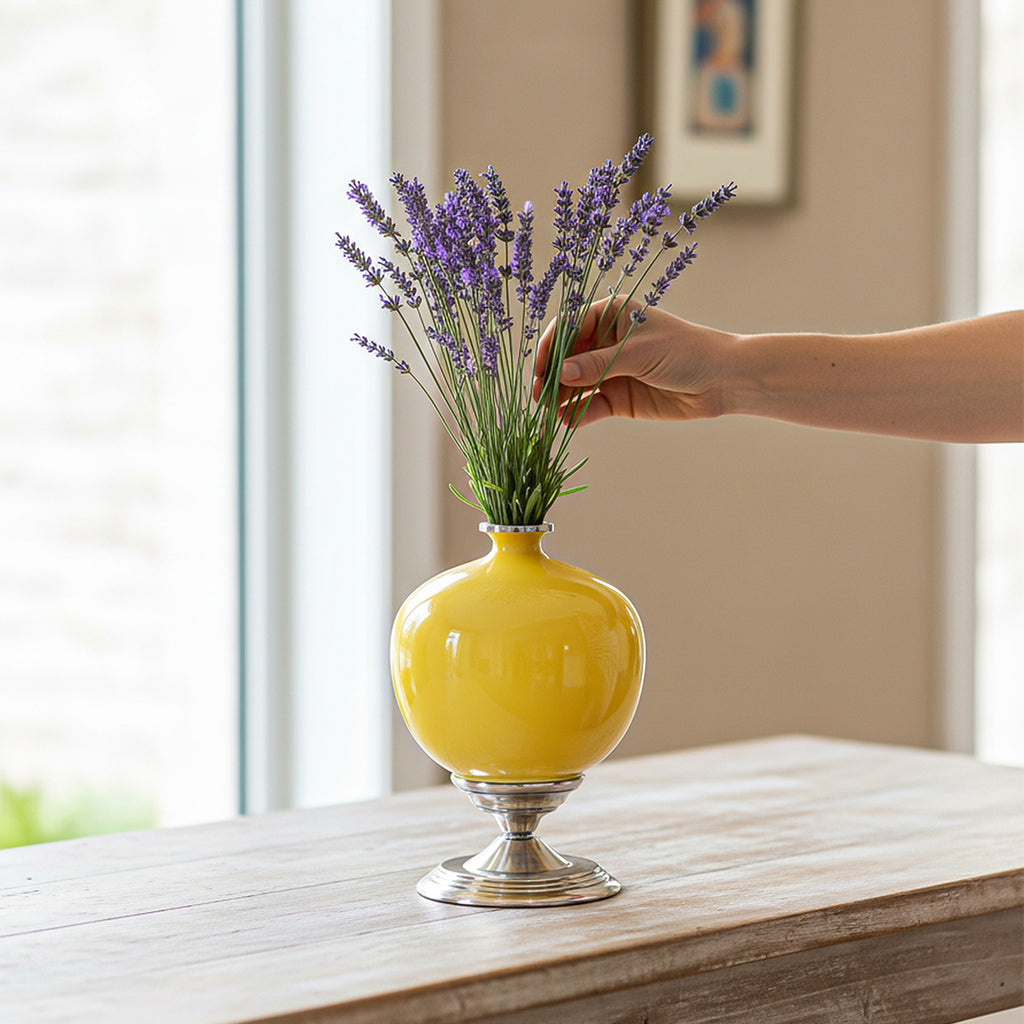 38cm Ceramic Vase with Gold Metal Base Yellow