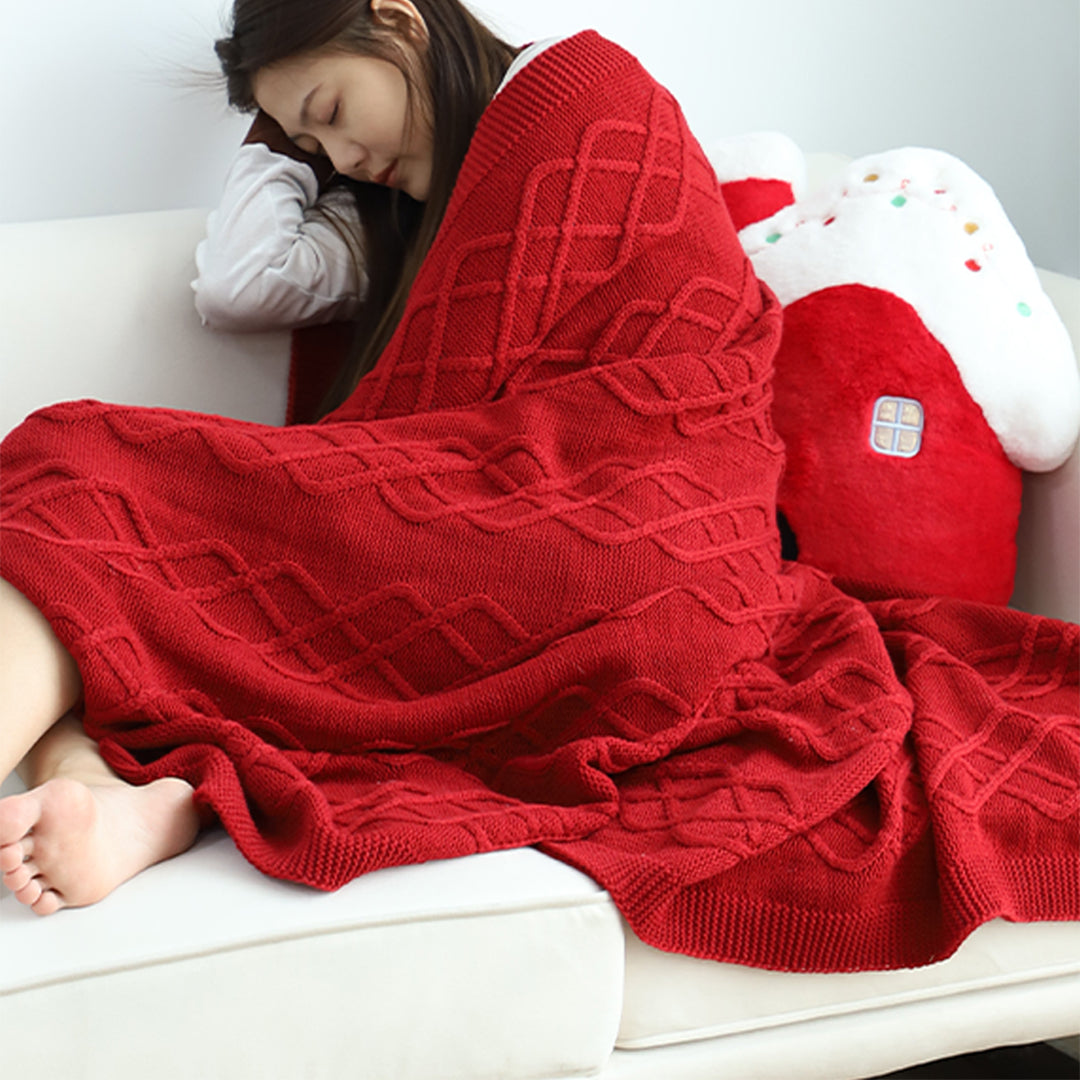 130x180cm Throw Blanket Red Christmas Chunky Yarn