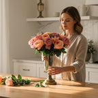 2x Clear Bronze Glass Vase with Lid and Pink Flower Set