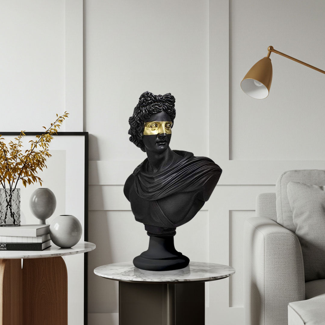 SOGA 40cm Black Classical Bust Resin Sculpture with Gold Eye Mask for Modern Home Décor
