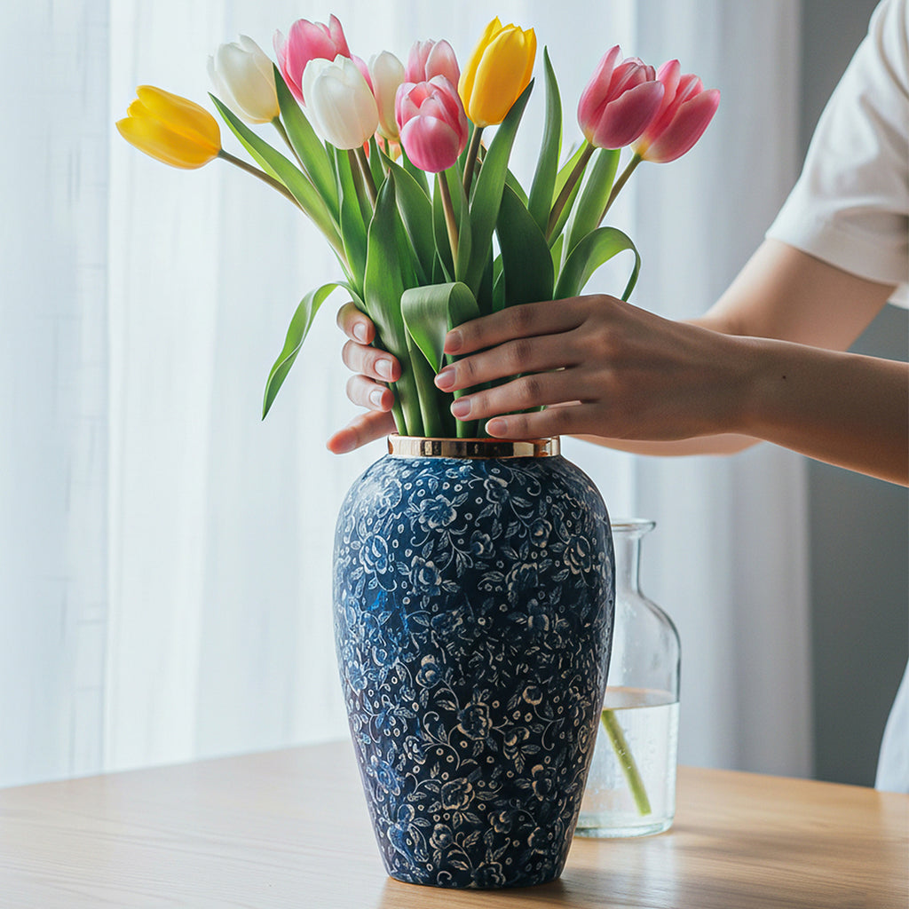 SOGA 30x19cm Blue with White Mini Floral Medium Ceramic Flower Vase Elegant Living Room Home Decor