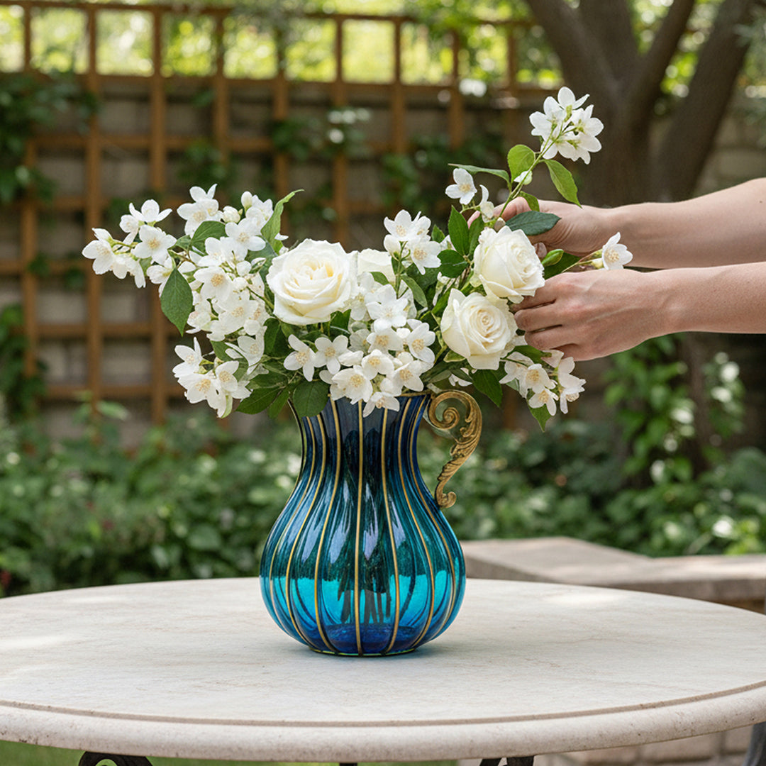 Blue European Glass Flower Vase with Metal Handle