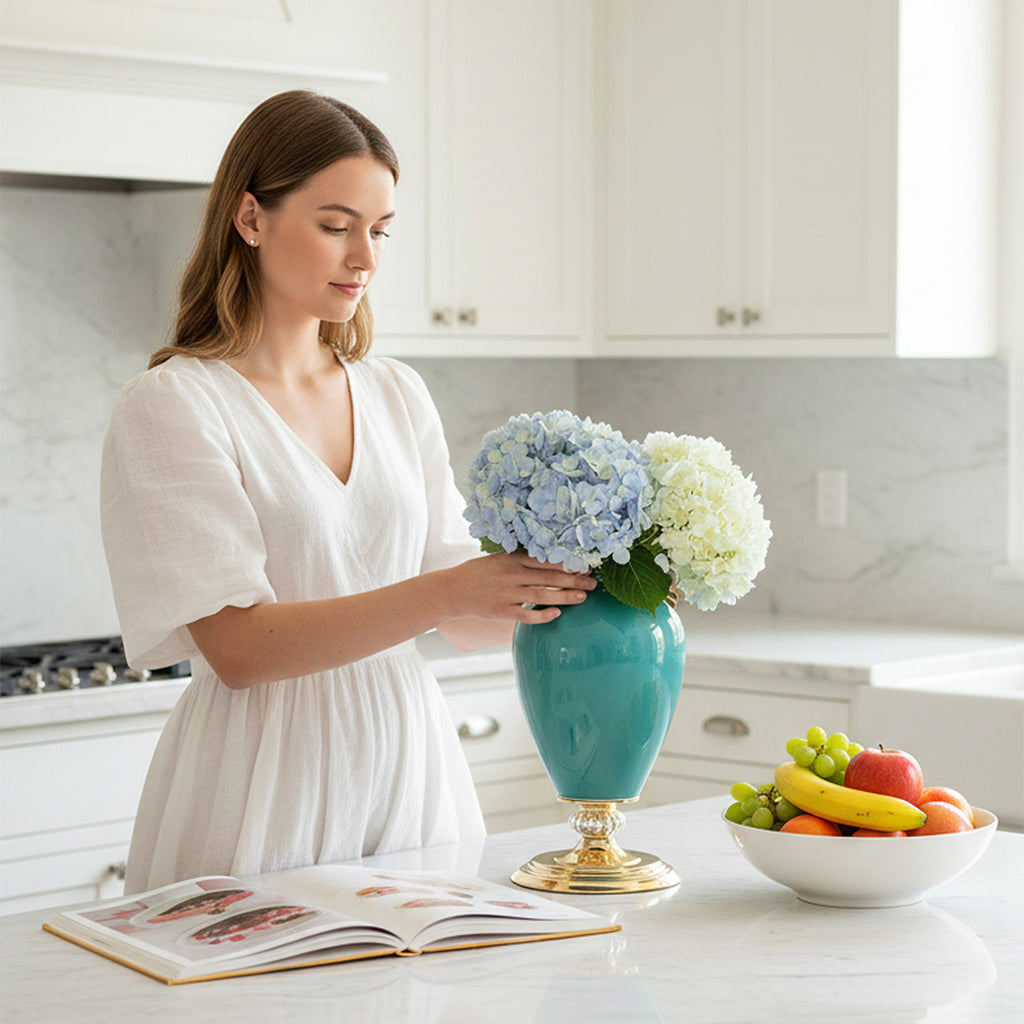 42cm Ceramic Vase with Gold Metal Base Green