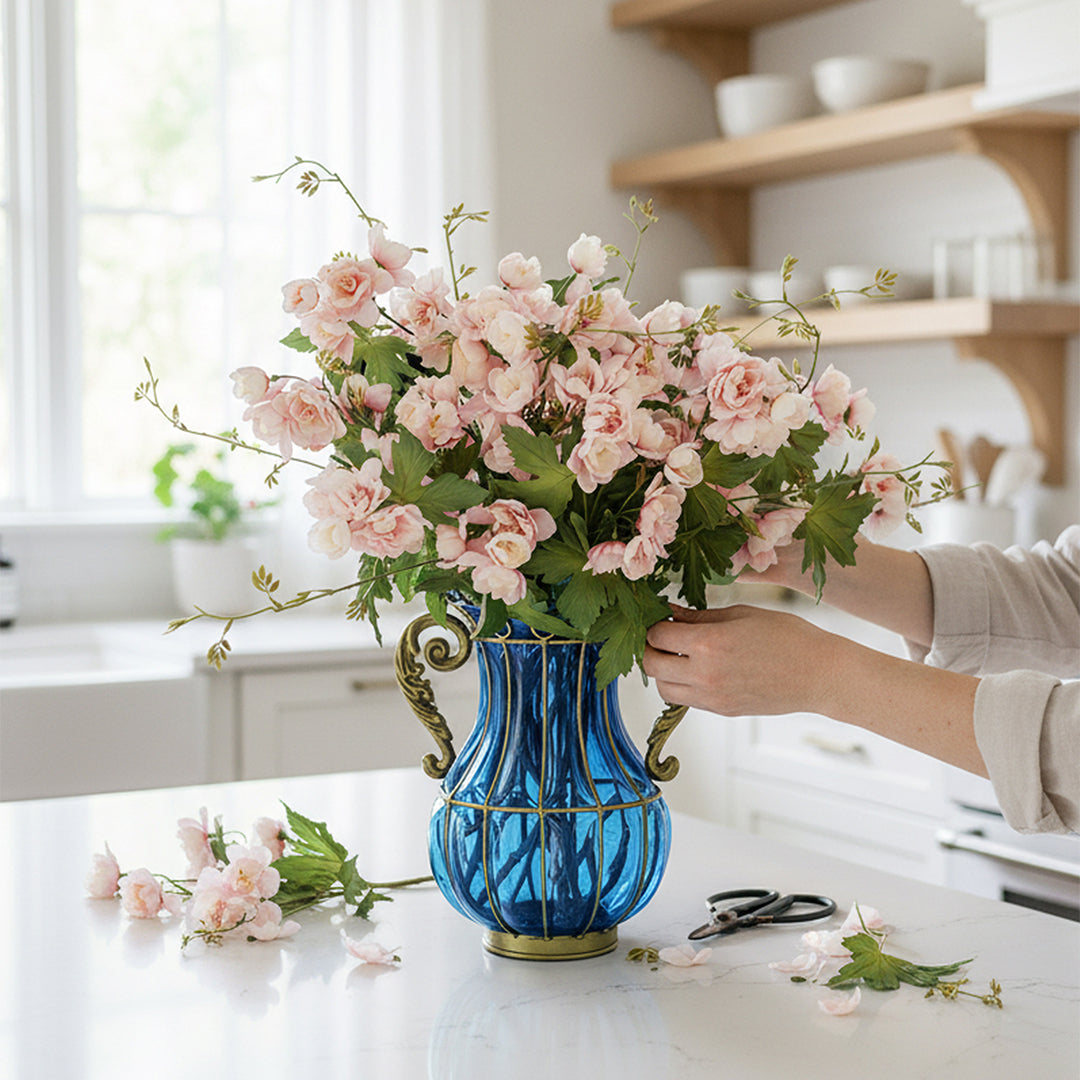 Blue Glass Flower Vase with 8 Bunch 3 Heads Artificial Silk Hibiscus Set