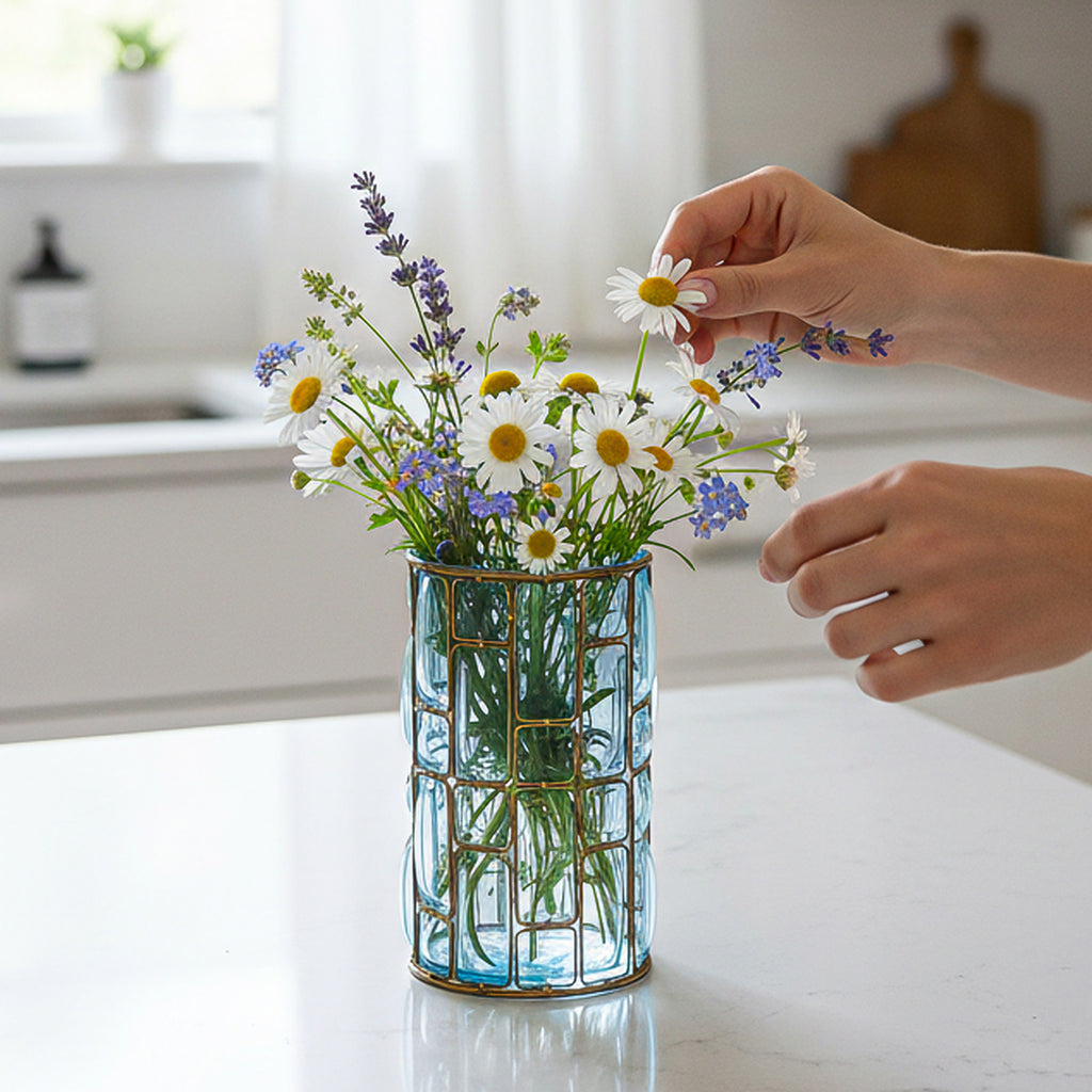 Blue European Glass Flower Vase with Gold Metal Pattern