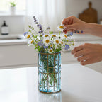 Blue European Glass Flower Vase with Gold Metal Pattern