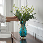 51cm Blue Glass Floor Vase with Metal Stand
