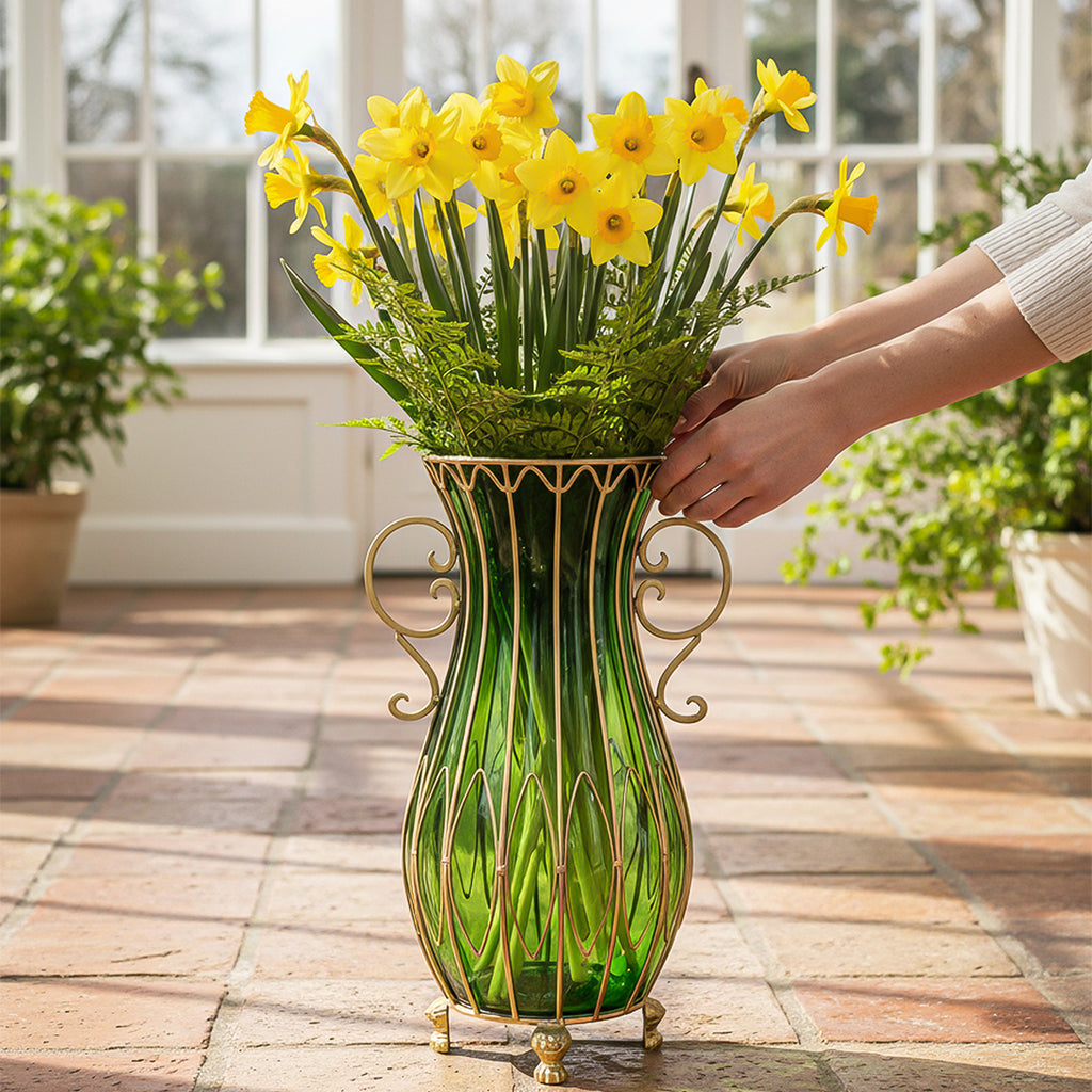 51cm Green Glass Floor Vase with Metal Stand