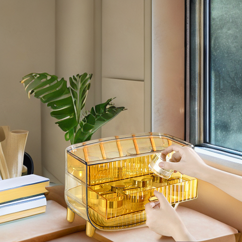 2 Tier Golden Yellow Multifunctional Countertop Cosmetic Storage Organiser