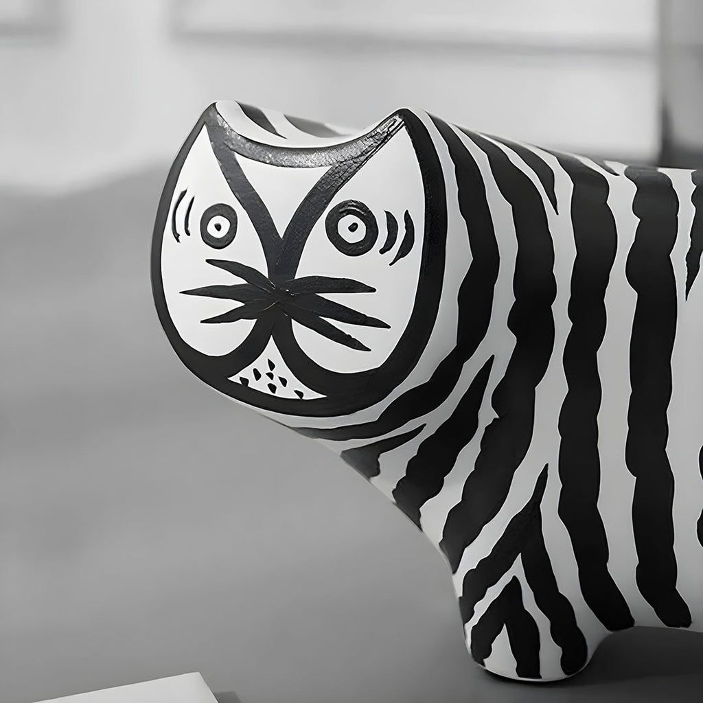 SOGA 47cm Elongated Black and White Striped Cat Resin Sculpture for Modern Home Décor