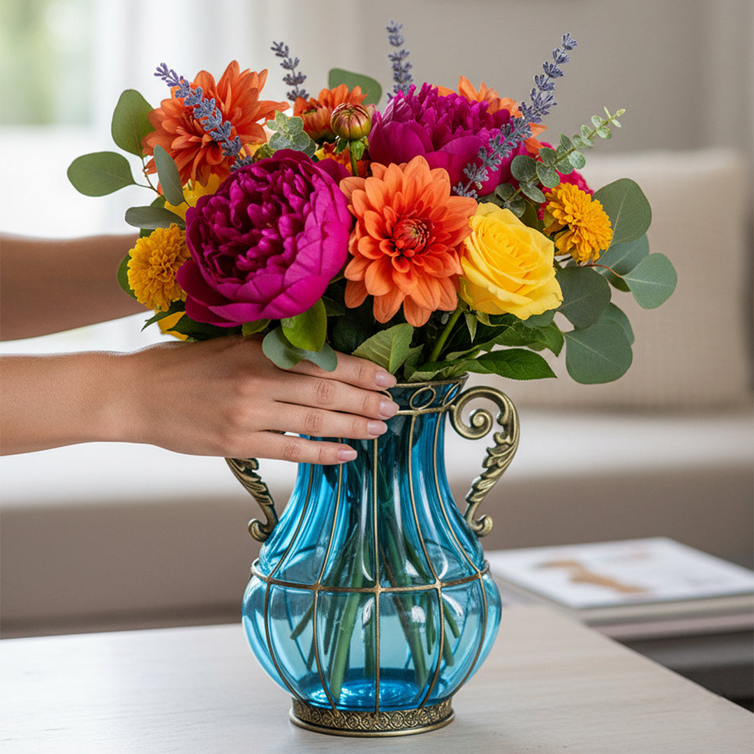 Blue European Glass Flower Vase with Two Metal Handle
