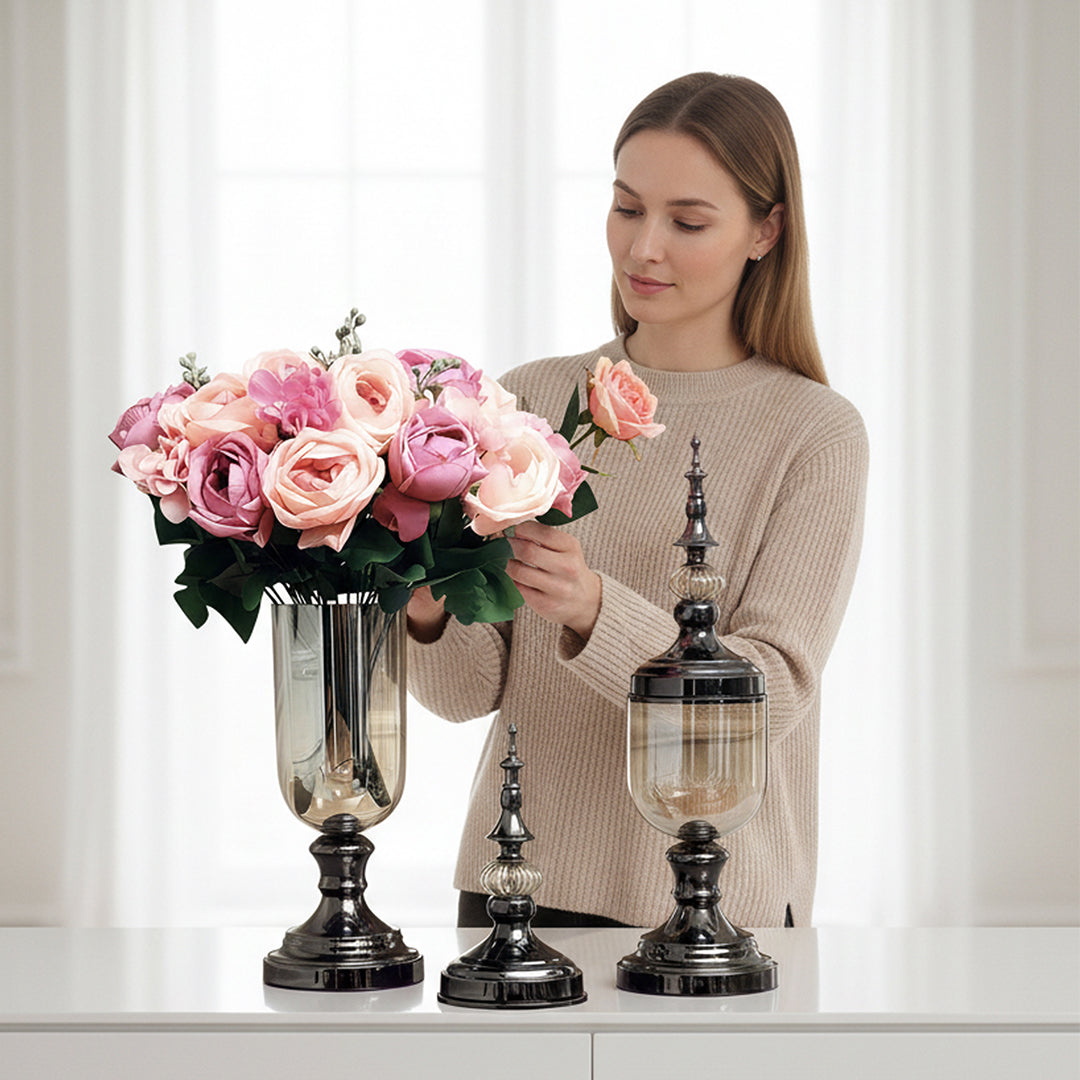2x Clear Black Glass Vase with Lid and Pink Flower Set