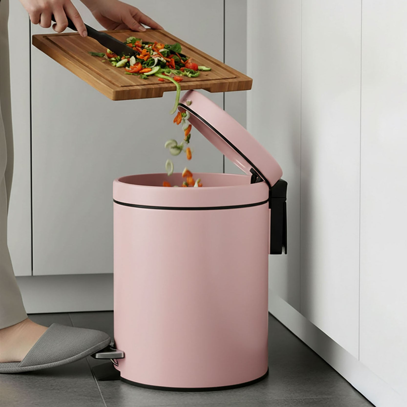 Foot Pedal Stainless Steel Trash Bin Round 7L Pink