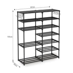 12-Shelf Tier Shoe Storage with Side Hooks Black