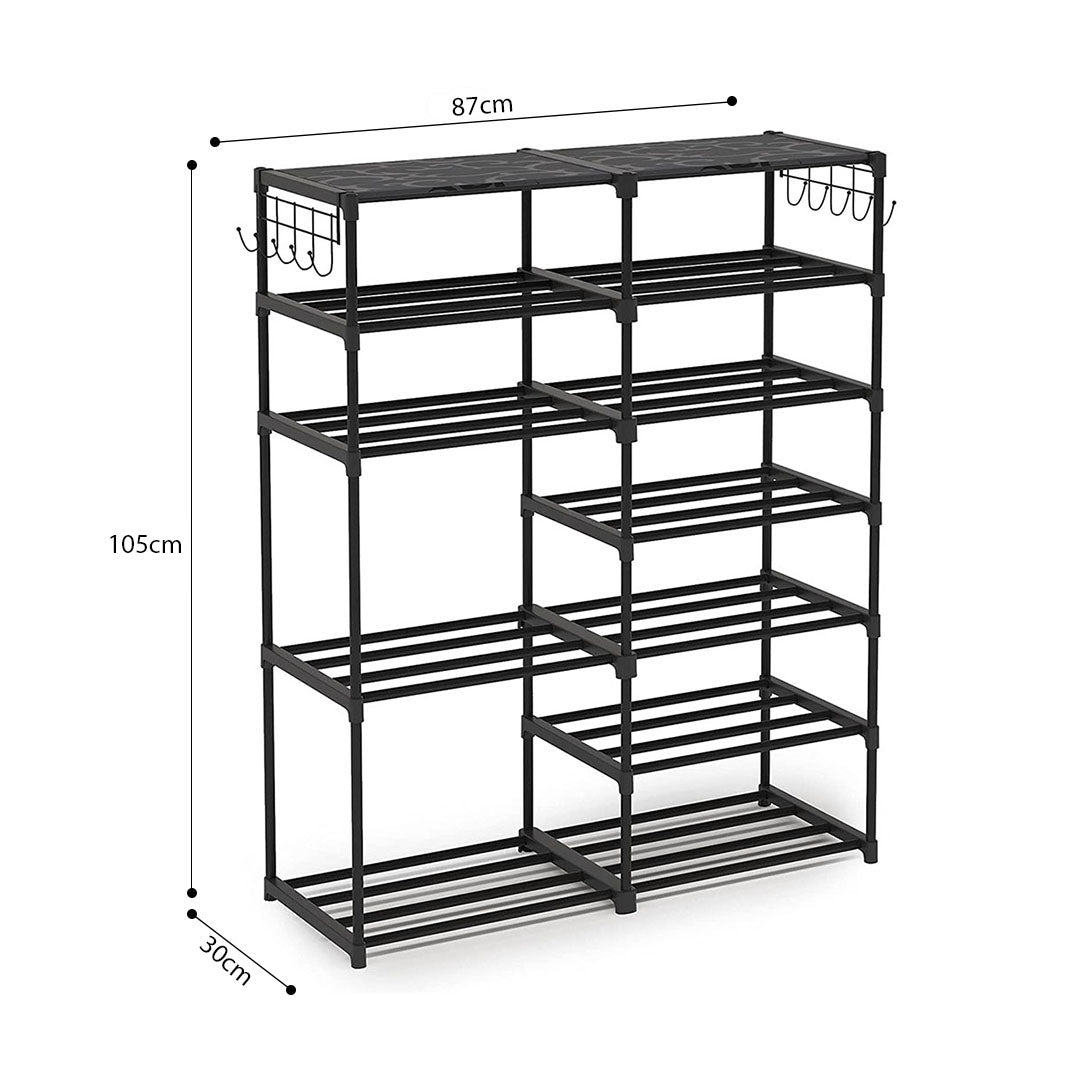 12-Shelf Tier Shoe Storage with Side Hooks Black
