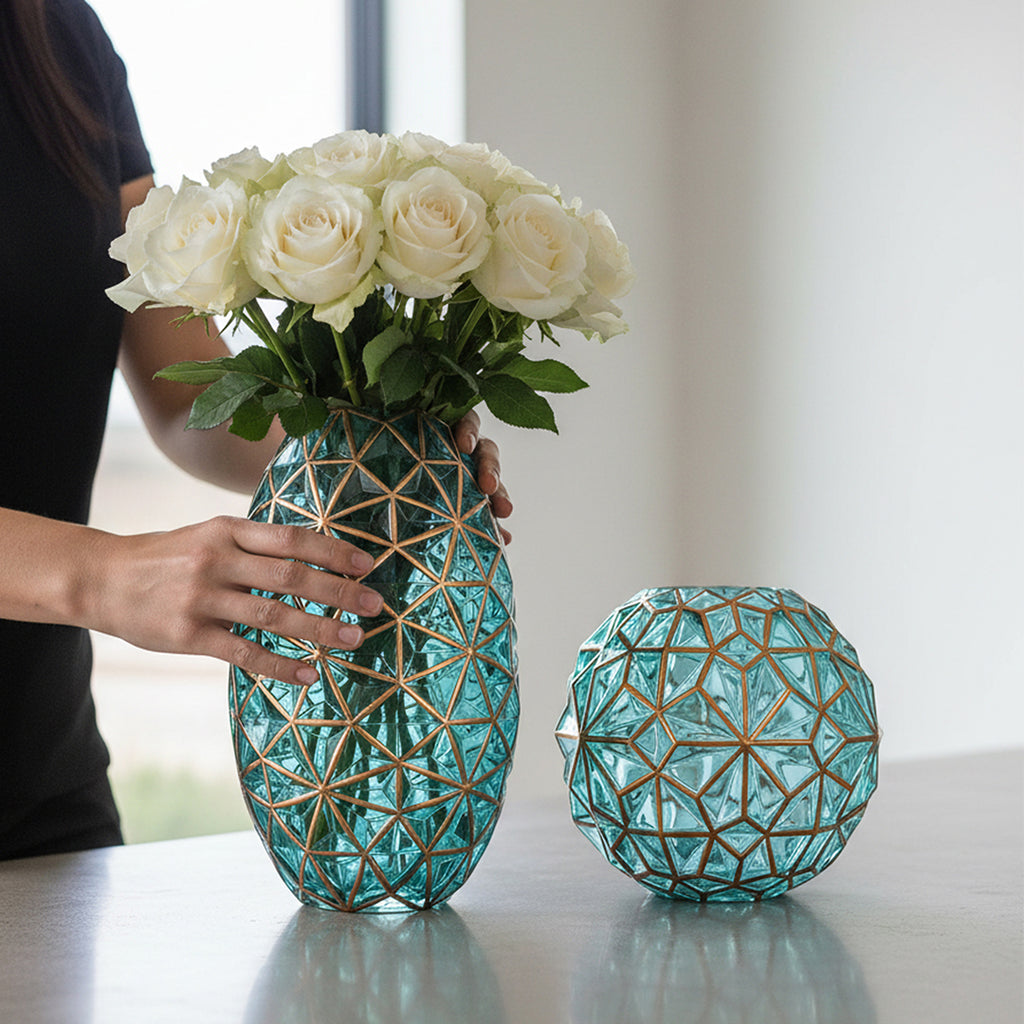 Green Diamond Cut Glass Flower Vase with Gold Accent