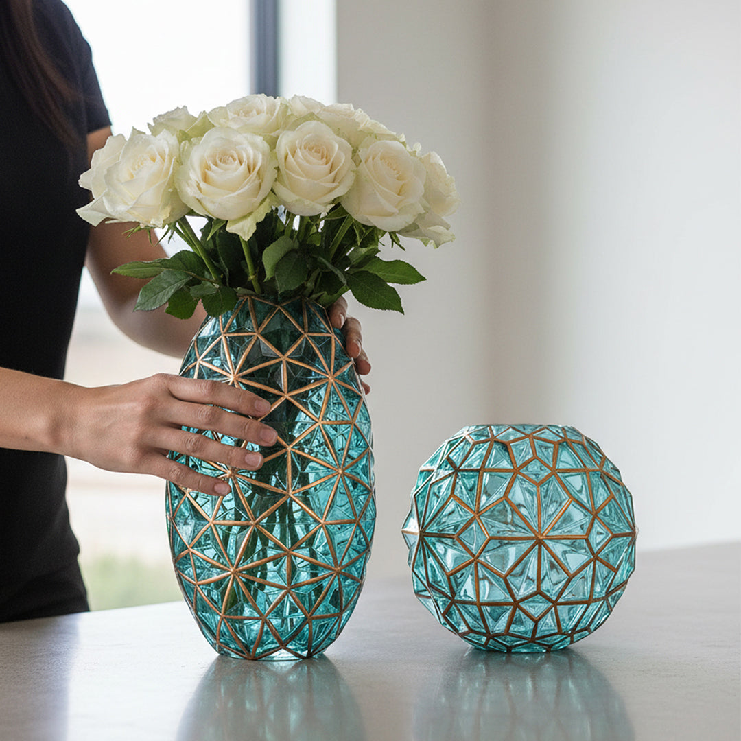 Green Diamond Cut Glass Flower Vase with Gold Accent