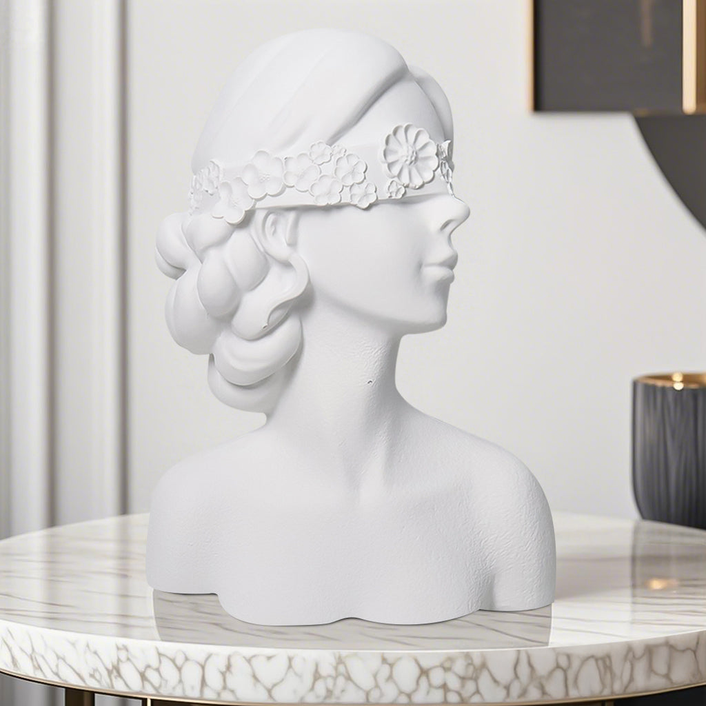 SOGA 36cm White Resin Sculpture Blindfold Lady Bust Design for Home Décor