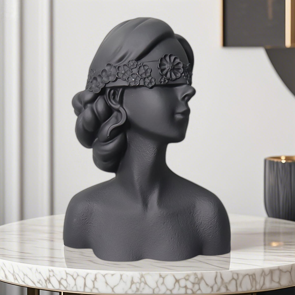 SOGA 36cm Black Resin Sculpture Blindfold Lady Bust Design for Home Décor