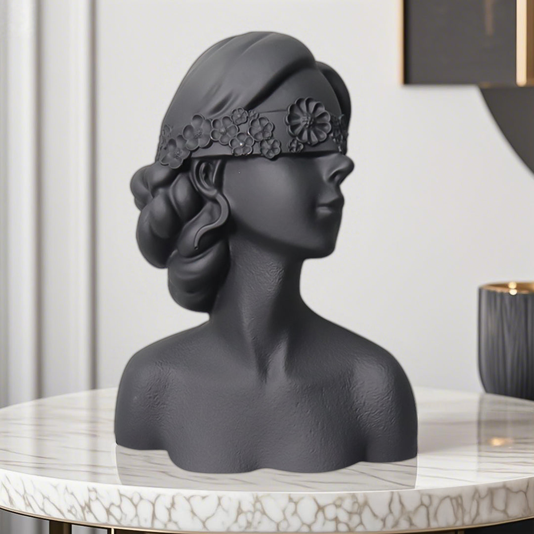 SOGA 36cm Black Resin Sculpture Blindfold Lady Bust Design for Home Décor