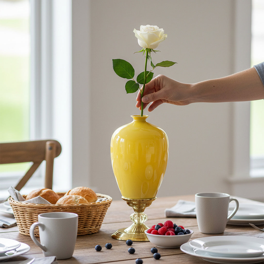 42cm Ceramic Vase with Gold Metal Base Yellow