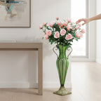 Green Glass Flower Vase with 8 Bunch 5 Heads Artificial Silk Rose Set