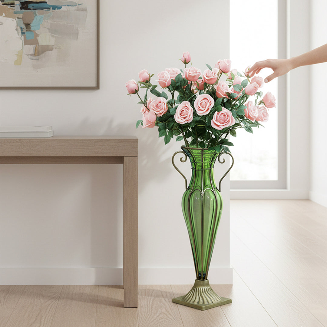 Green Glass Flower Vase with 8 Bunch 5 Heads Artificial Silk Rose Set
