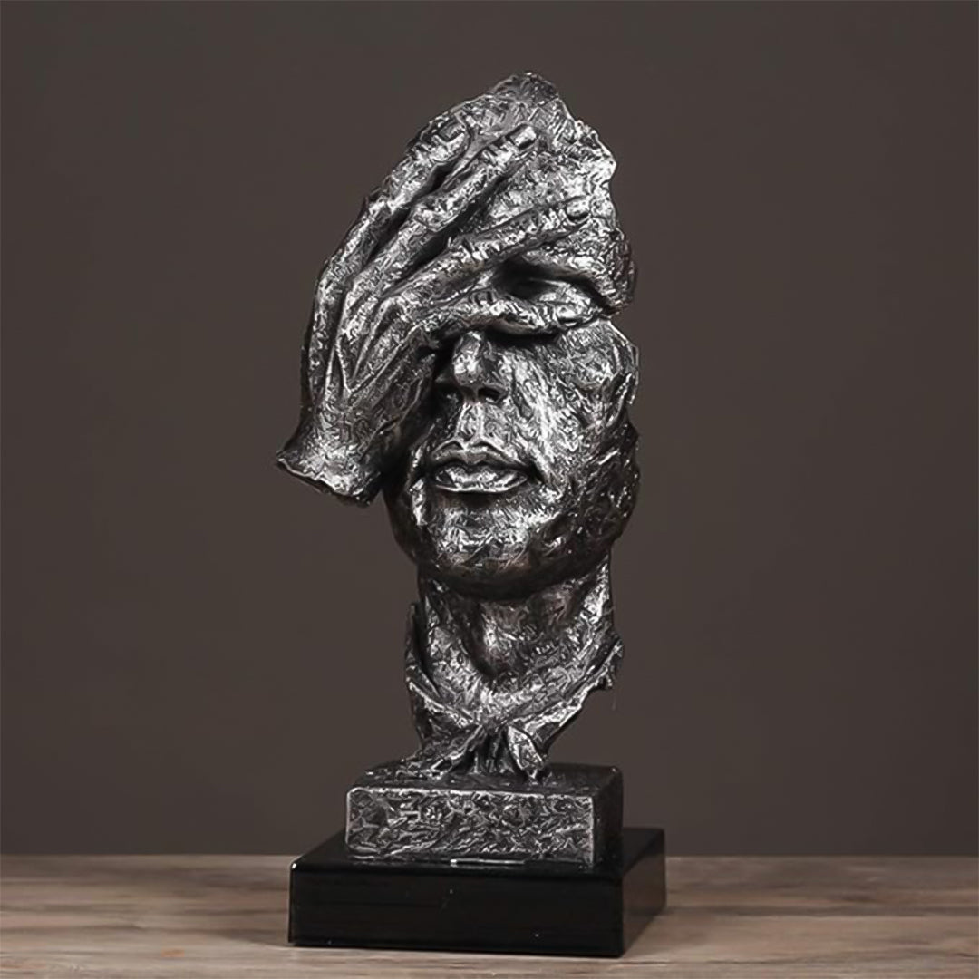 SOGA 30cm Black Resin Sculpture Covered Eyes Face Design Modern Art for Home Décor