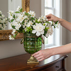 Green European GlassFlower Vase with Metal Handle