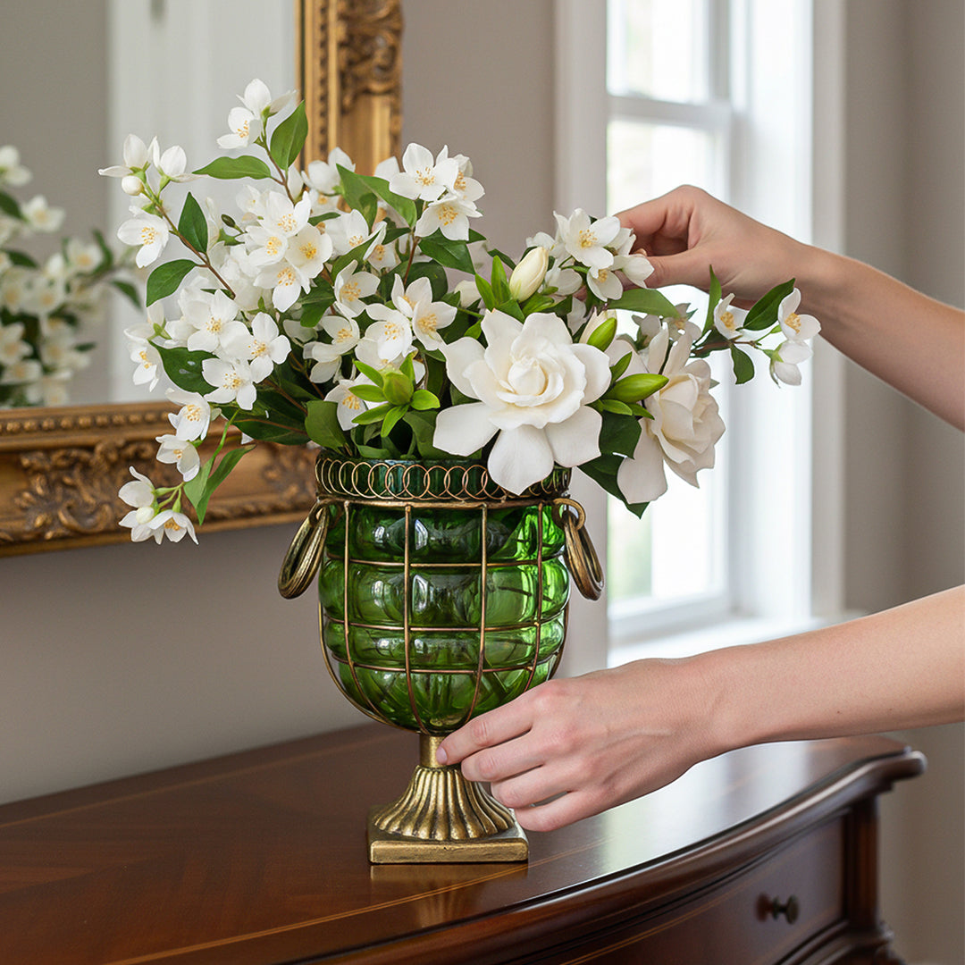 Green European GlassFlower Vase with Metal Handle