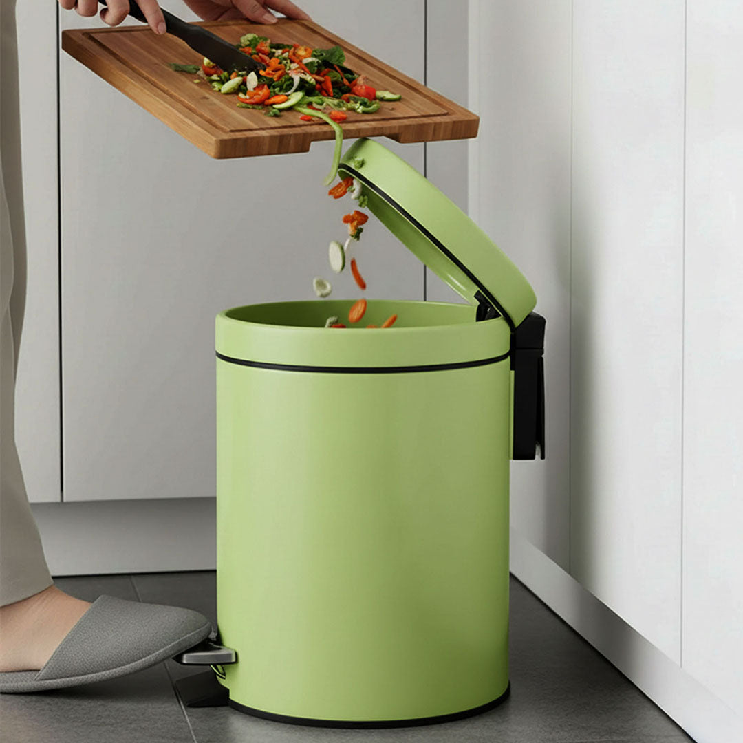 Foot Pedal Stainless Steel Trash Bin Round 7L Green