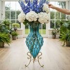 67cm Blue Glass Floor Vase with Metal Stand