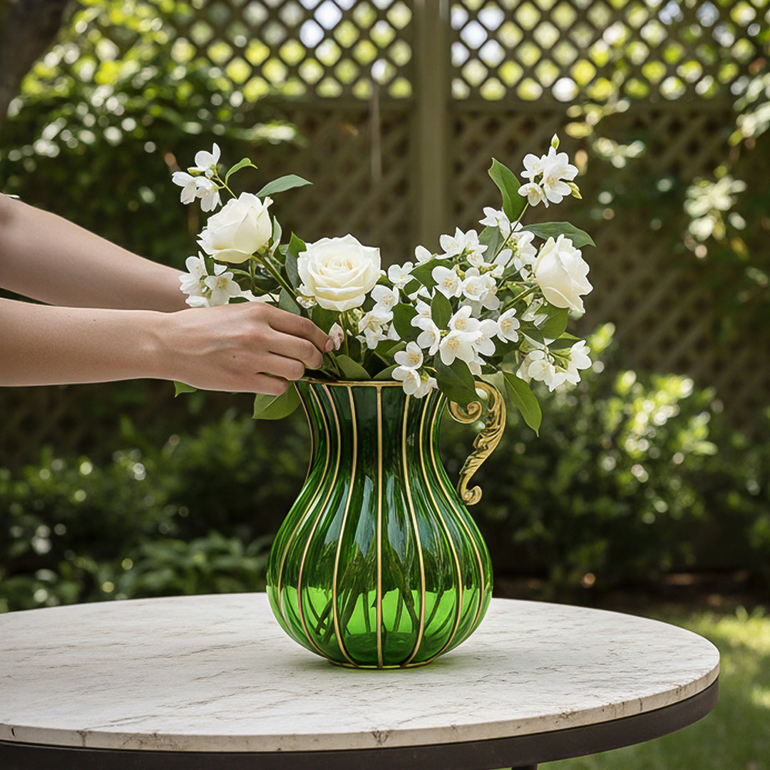 Green European Glass Flower Vase with Metal Handle