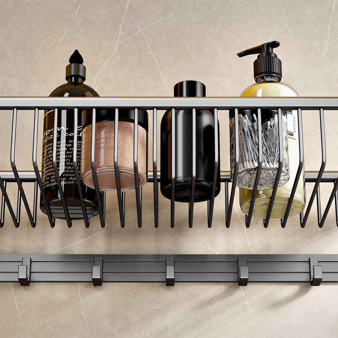 61cm Gray Wall-Mounted Double Pole Towel Holder with Hooks