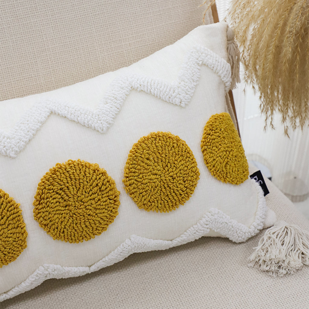 SOGA 30cm Cream Yellow Circle Pom Chevron Tassel Decorative Pillow